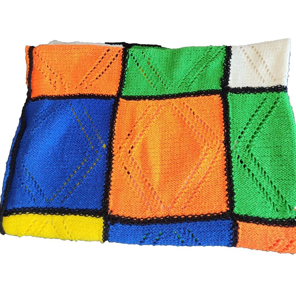 Afghan Throw 80s Bright Color Block‎ Cube Handmade 70s Grannycore Vintage Retro